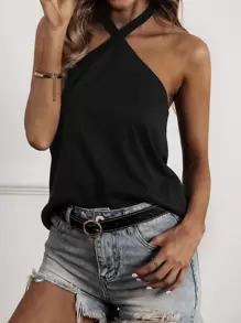 Solid Backless Halter Top - Black - View 4