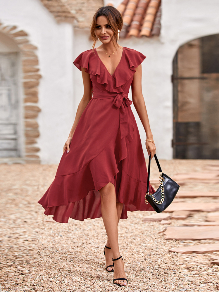 SHEIN Unity Vestido Sólido De Corte Envolvente Con Cinturón Y Adornos De Volantes - Burdeos - Añade 1