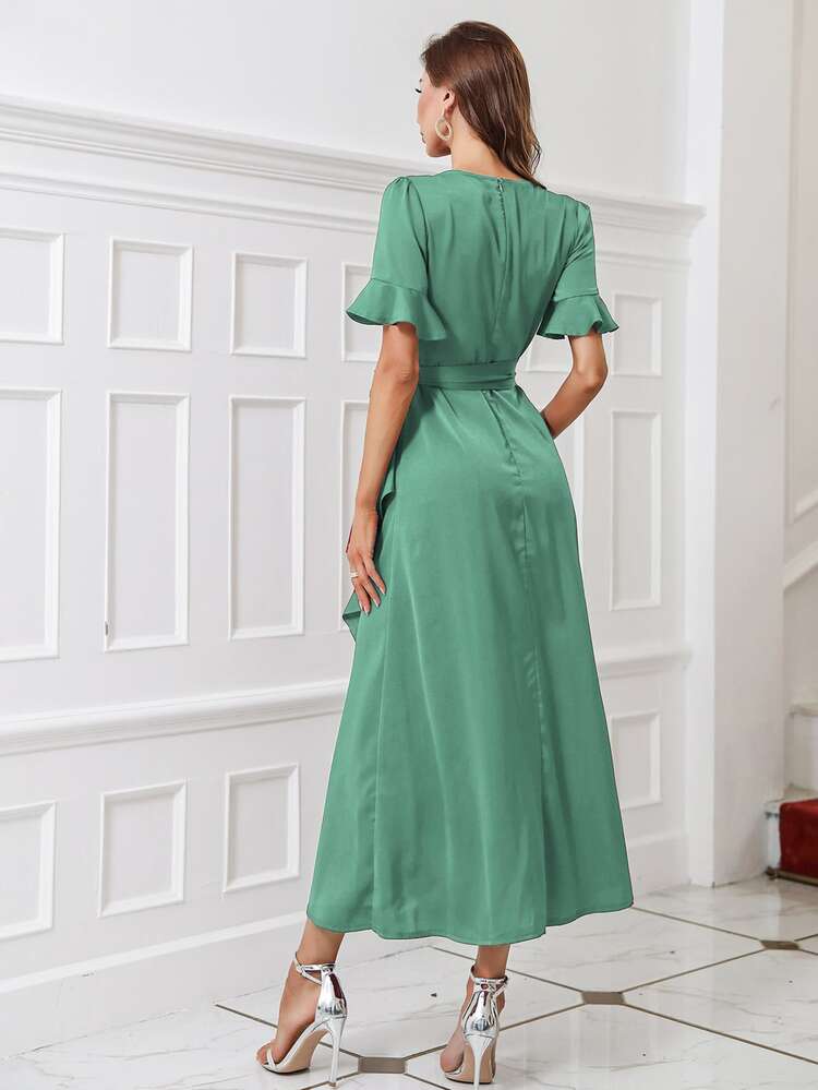 Modelyn Solid Flounce Sleeve Belted Wrap Dress - Green - View 2
