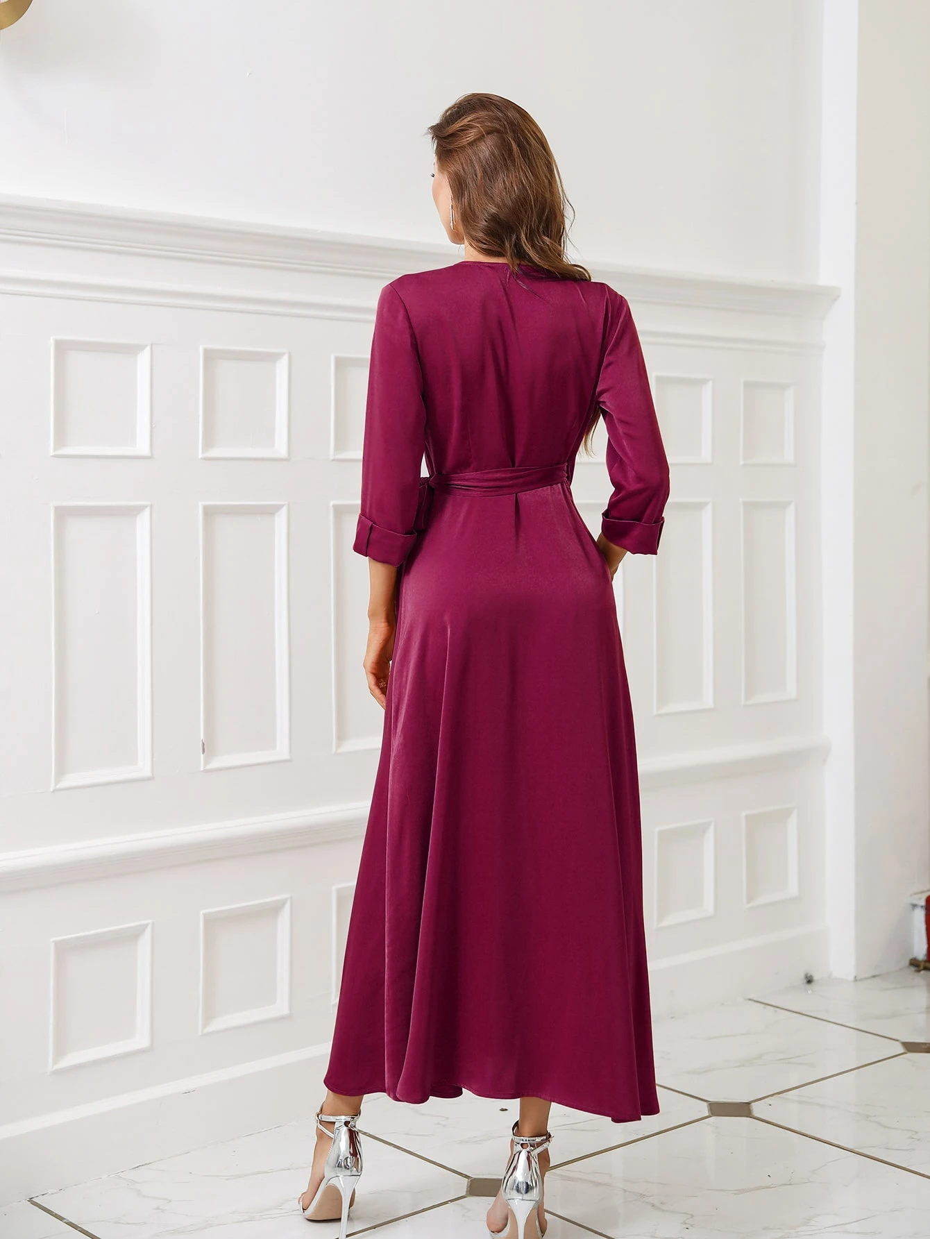 knee length dresses for ladies Elegant Satin Side Knot Detail Draped Midi Dress – Swoon Boutique Lafayette main image 0