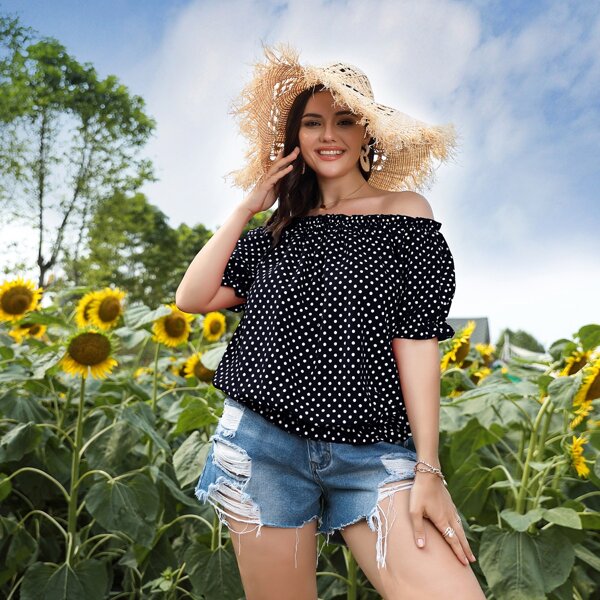 

Plus Polka Dot Ruffle Trim Blouse, Navy blue
