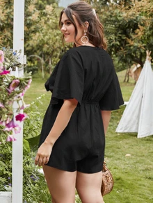 Jumpsuits Plus Size Cắt ra màu trơn Boho - màu đen - Xem 2