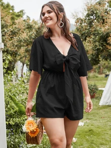 Jumpsuits Plus Size Cắt ra màu trơn Boho - màu đen - Xem 4