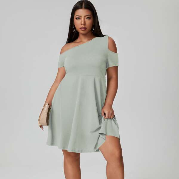 

Plus Solid Cut Out A-line Dress, Mint green