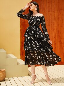 Mulvari 印花多層次下擺A字型洋裝 - 黑色 - 查看 1