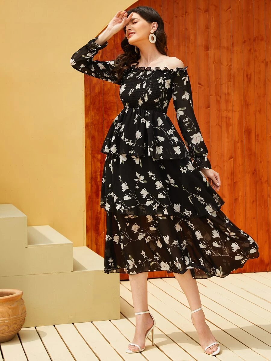 Mulvari 印花多層次下擺A字型洋裝 - 黑色 - 查看 1