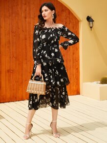 Mulvari 印花多層次下擺A字型洋裝 - 黑色 - 查看 6