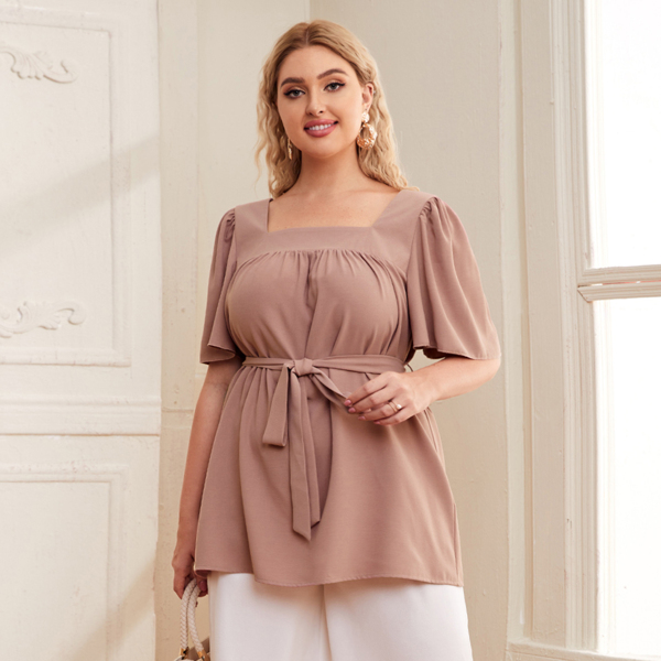 

Plus Solid Self Tie Blouse, Dusty pink