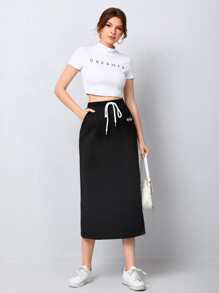 Mulvari Váy suông thẳng eo rút dây - màu đen - Xem 5