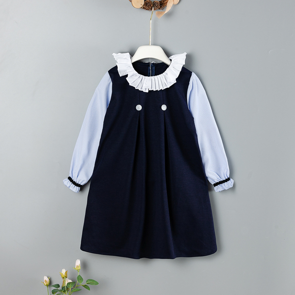 

Toddler Girls Contrast Stripe Sleeve Ruffle Trim Dress, Navy blue