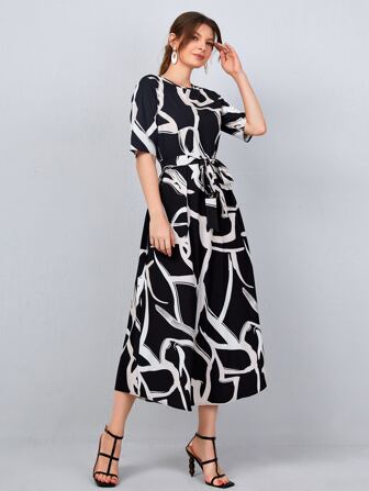 SHEIN Clasi Allover Print Belted Dress