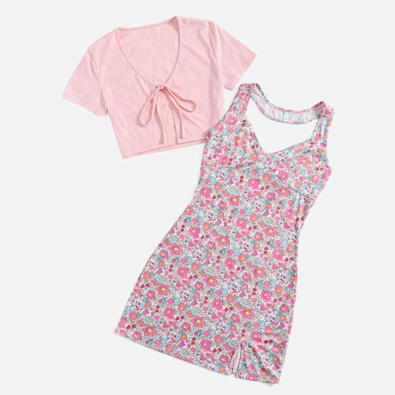 

Solid Tie Front Top & Ditsy Floral Halter Dress, Pink