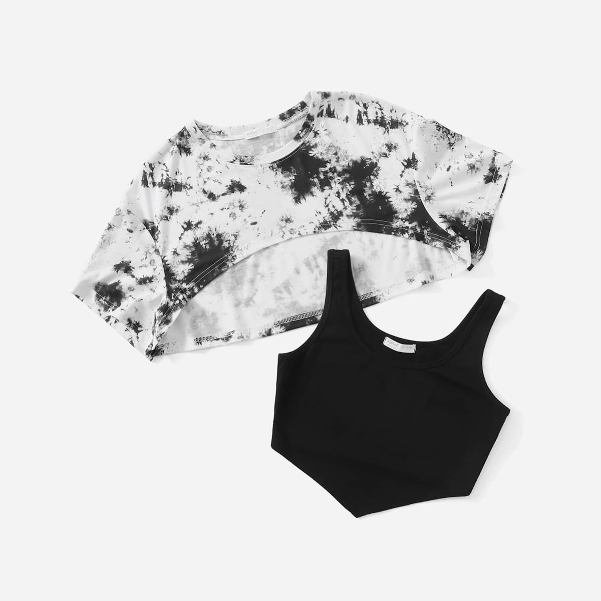

Solid Tank Top & Tie Dye Super Crop Tee, Black and white
