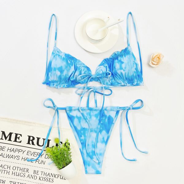 

Tie Dye Frill Trim Thong Bikini Swimsuit, Baby blue