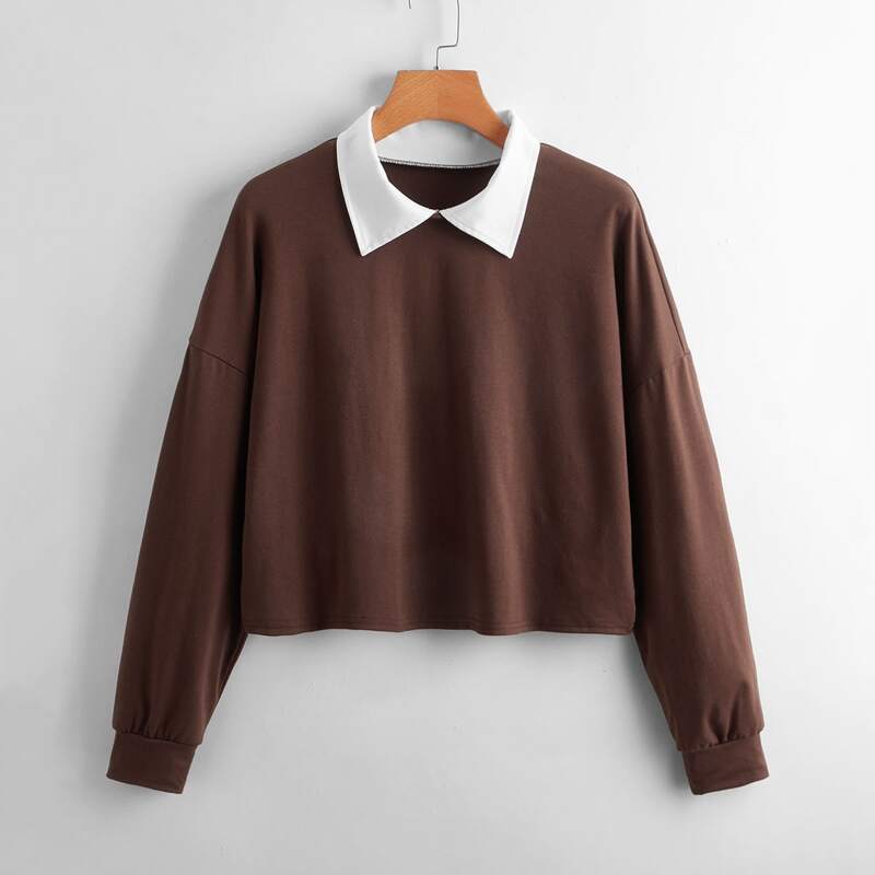 

Contrast Collar Drop Shoulder Tee, Chocolate brown
