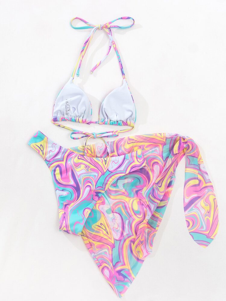 SHEIN Swim 抽象液體圖案比基尼套裝三角形文胸和低至臀部下裝和罩衫半身裙3入組泳衣 - 彩色 - 查看 2