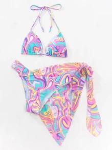 SHEIN Swim Summer Beach Abstract Fluid Pattern Bikini Set Triangle Bra & Hipster Bottom & Cover Up Skirt 3 Piece Bathing Suit - Multicolor - View 3