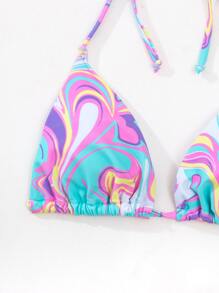 SHEIN Swim Summer Beach Abstract Fluid Pattern Bikini Set Triangle Bra & Hipster Bottom & Cover Up Skirt 3 Piece Bathing Suit - Multicolor - View 5