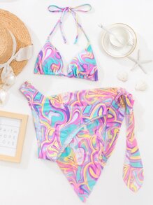SHEIN Swim Summer Beach Abstract Fluid Pattern Bikini Set Triangle Bra & Hipster Bottom & Cover Up Skirt 3 Piece Bathing Suit - Multicolor - View 6