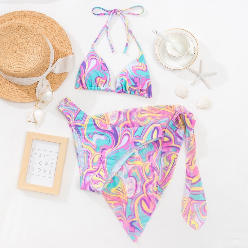 

3pack Abstract Fluid Pattern Bikini Swimsuit & Beach Skirt, Multicolor