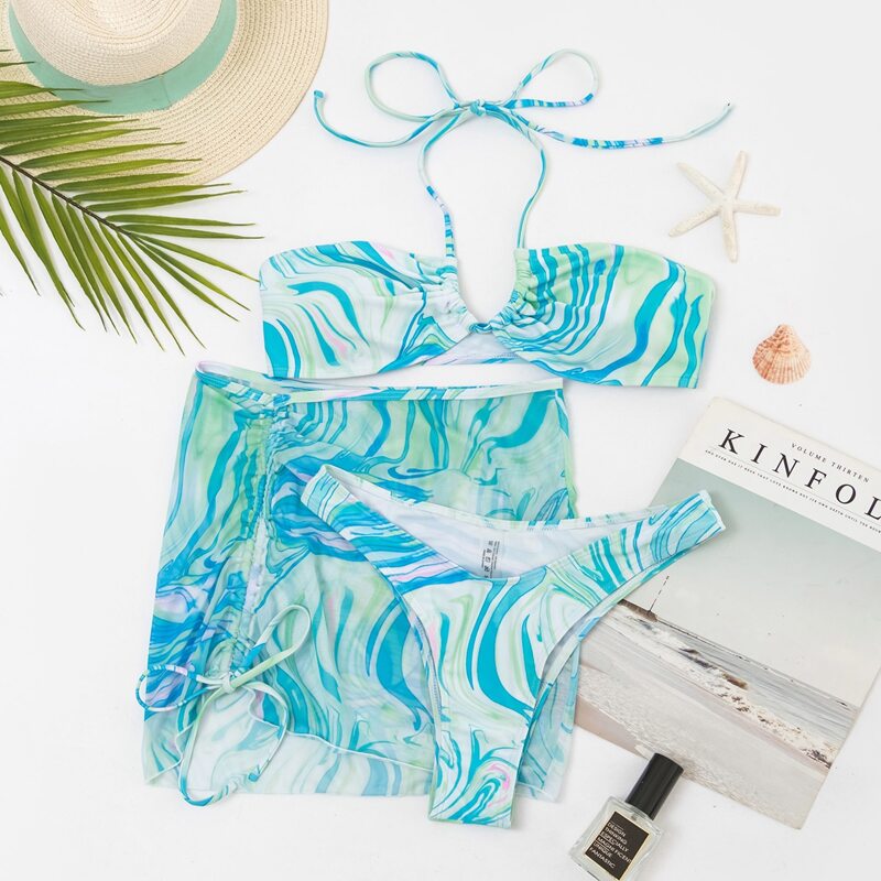 

3pack Abstract Fluid Pattern Bikini Swimsuit & Beach Skirt, Multicolor