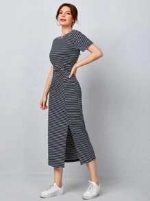 Mulvari Striped Print Twist Front Slit Hem Dress - Black and White - View 1