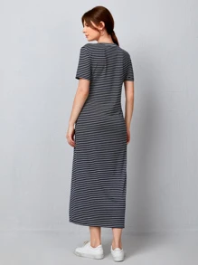 Mulvari Striped Print Twist Front Slit Hem Dress - Black and White - View 2