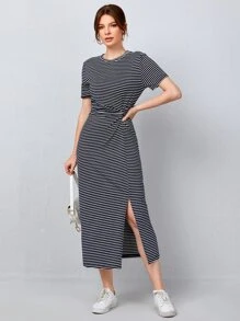 Mulvari Striped Print Twist Front Slit Hem Dress - Black and White - View 3