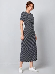 Mulvari Striped Print Twist Front Slit Hem Dress - Black and White - View 4
