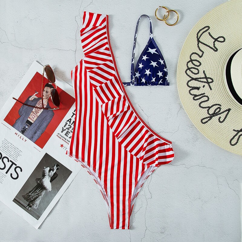 

Star and Stripes Print Ruffle One Piece Swimsuit, Multicolor