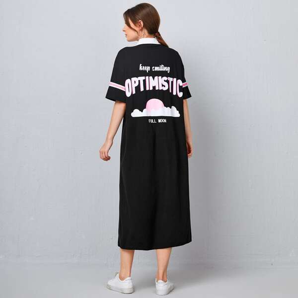 

Letter & Graphic Print Drop Shoulder Tee Dress, Black