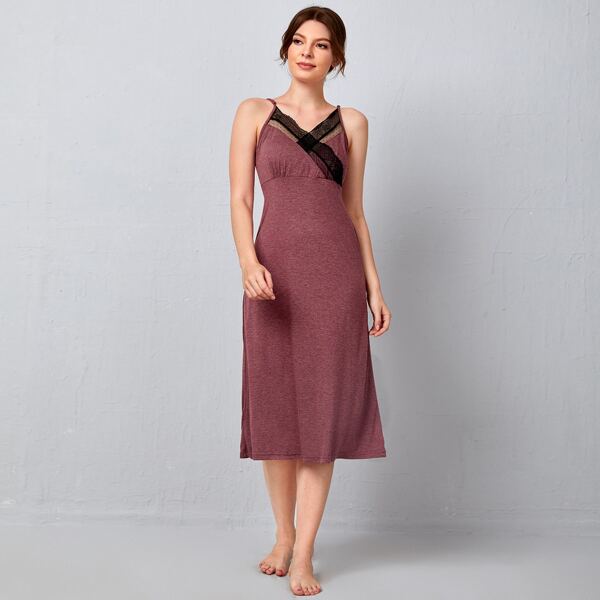 

Lace Trim Marled Knit Night Dress, Redwood