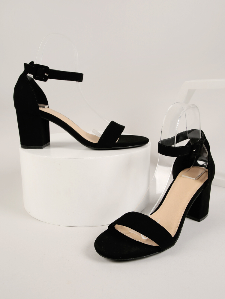 Faux Leather Open-Toe Ankle Strap Block Heels - Black - View 3