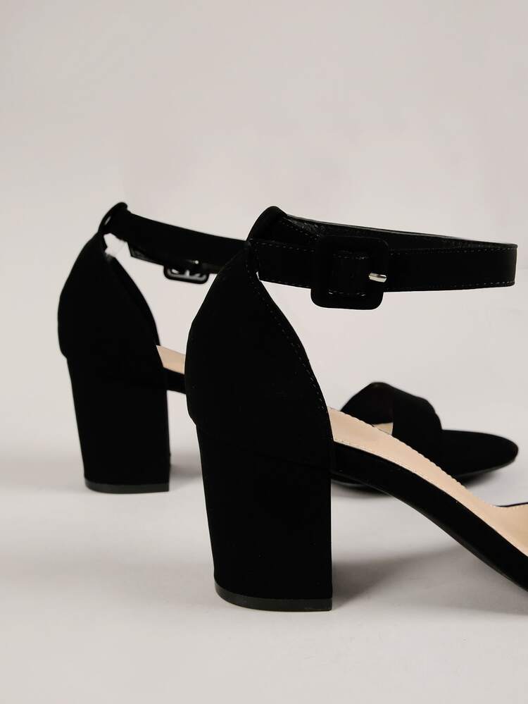 Faux Leather Open-Toe Ankle Strap Block Heels - Black - View 4