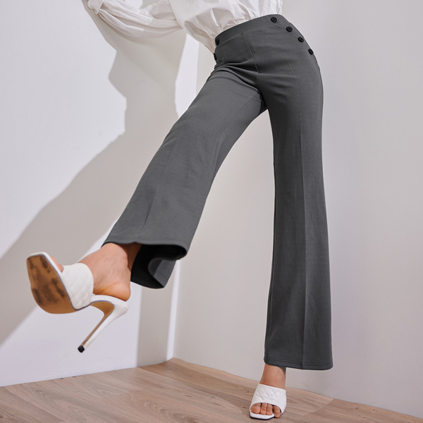 

Button Detail Seam Front Wide Leg Pants, Grey