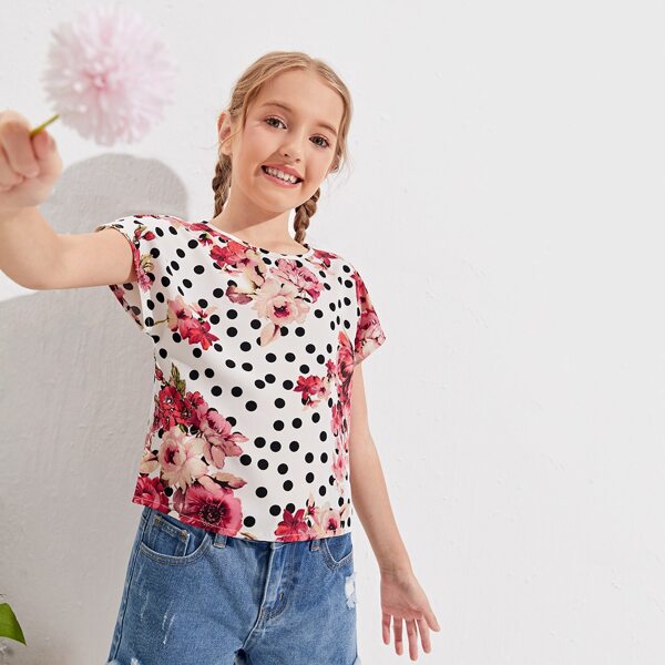 

Girls Floral & Polka Dot Batwing Sleeve Top, Multicolor