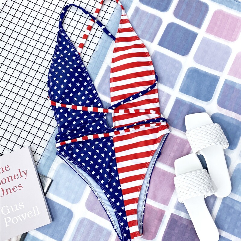 

American Flag Print Plunging One Piece Swimsuit, Multicolor