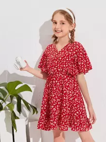 SHEIN Vestidos para niñas Volante floral de margarita Bohemio - Rojo - Ver 1