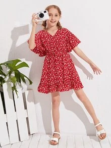 SHEIN Vestidos para niñas Volante floral de margarita Bohemio - Rojo - Ver 4
