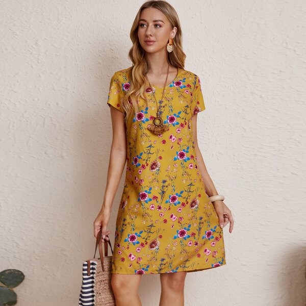

Allover Floral Tunic Dress, Mustard yellow