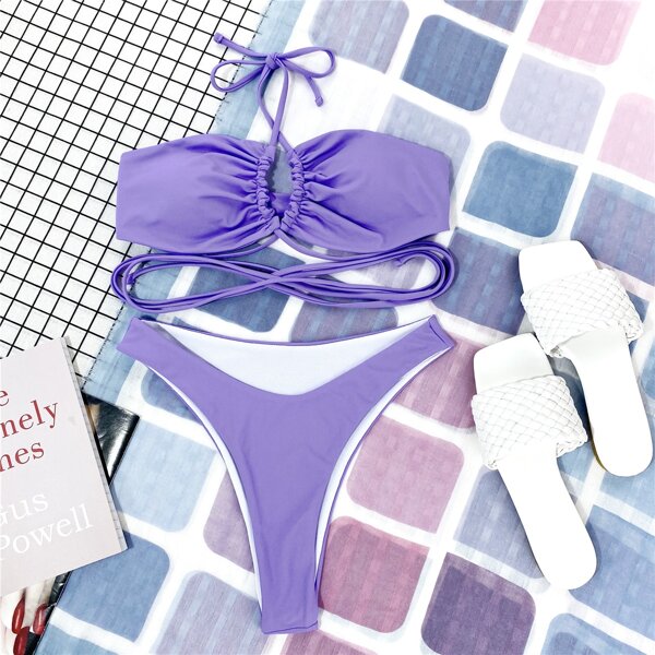 

Cross Halter High Cut Bikini Swimsuit, Purple