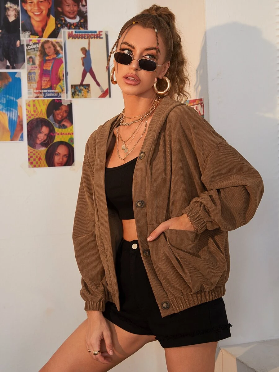 Muchica Drop Shoulder Lantern Sleeve Button Front Cord Jacket - Coffee Brown - View 1