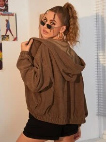 Muchica Drop Shoulder Lantern Sleeve Button Front Cord Jacket - Coffee Brown - View 2