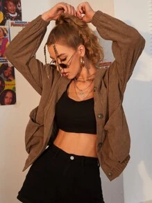 Muchica Drop Shoulder Lantern Sleeve Button Front Cord Jacket - Coffee Brown - View 3