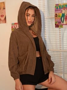 Muchica Drop Shoulder Lantern Sleeve Button Front Cord Jacket - Coffee Brown - View 5