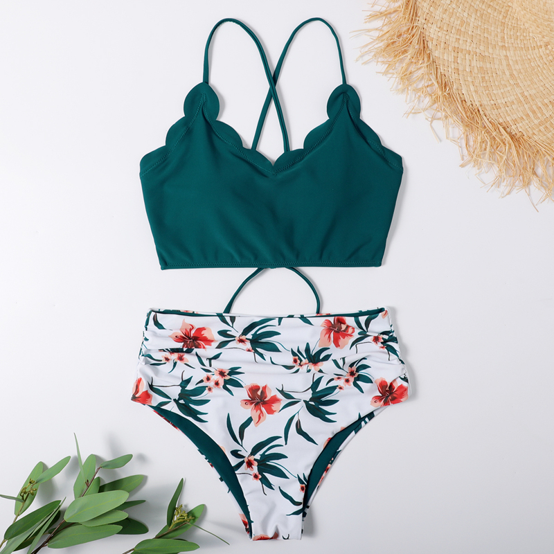 

Floral Scallop Trim Tie Back Bikini Swimsuit, Multicolor