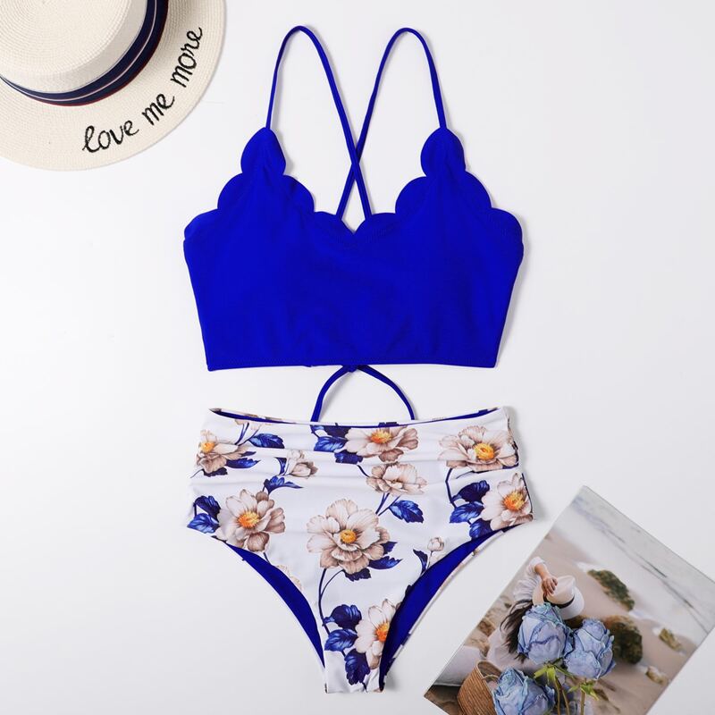 

Floral Scallop Trim Tie Back Bikini Swimsuit, Multicolor