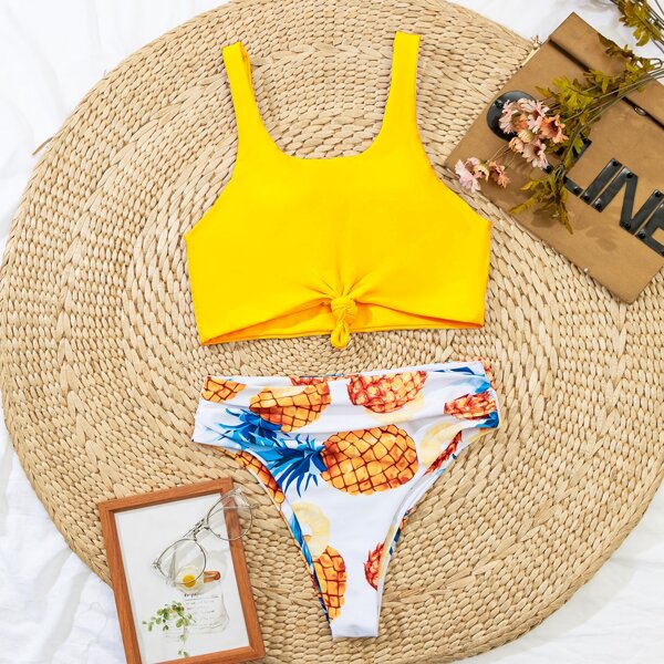 

Pineapple Print Knot Hem Ruched Bikini Swimsuit, Multicolor