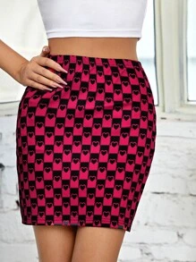 Jane Dang Heart Print Bodycon Skirt - Red - View 4