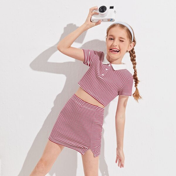 

Girls Striped Polo Tee & Skirt Set, Red and white